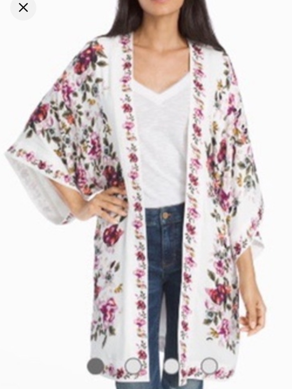 White House Black Market Ivory Floral Kimono with Pink & Green Blooms